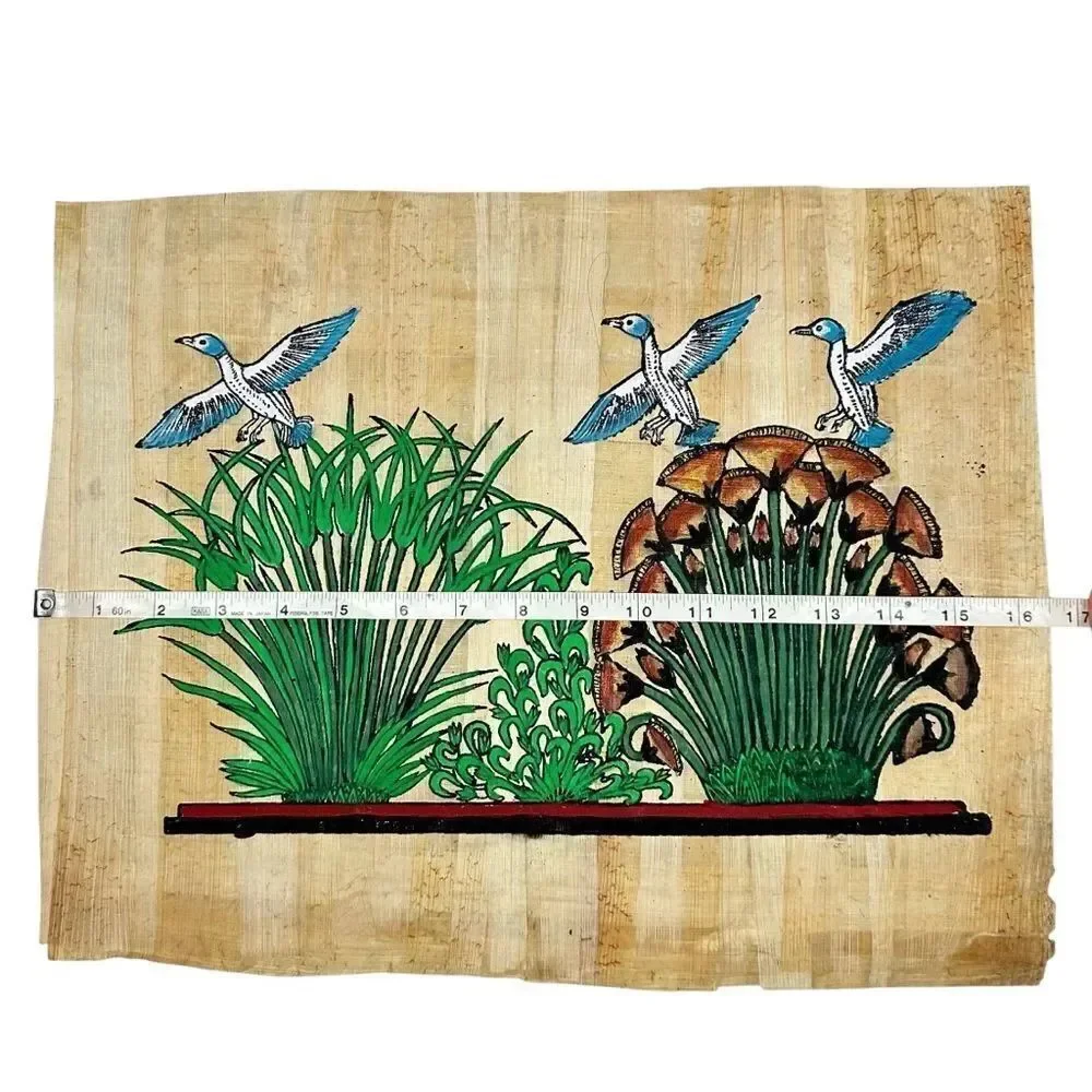Vintage Egyptian Papyrus Painting Birds with Lotus & Papyrus Plants Handcrafted